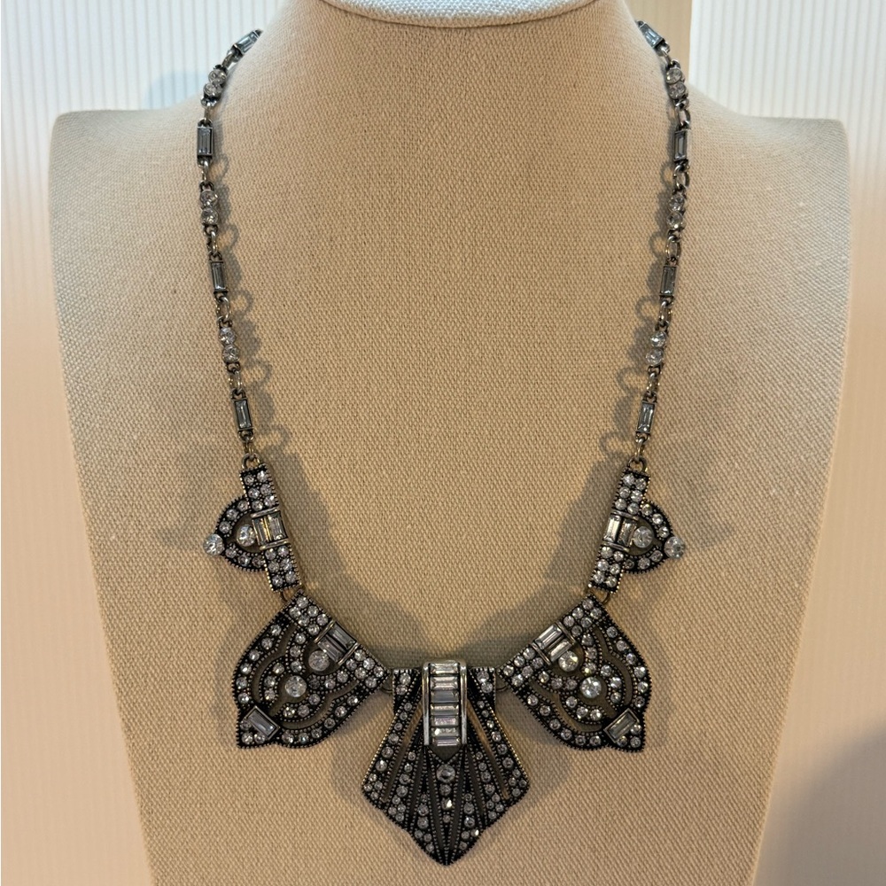 Art Deco Revival Rhinestone Statement Necklace – Silver Tone, Gatsby Style